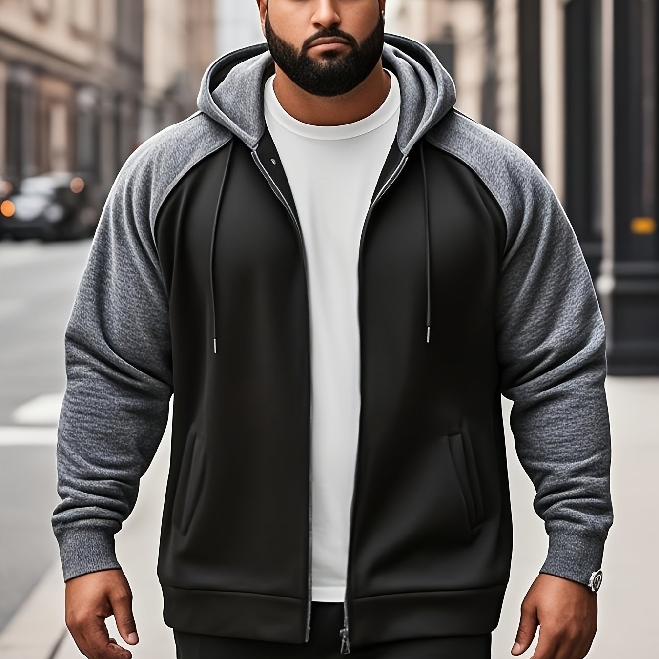 Men's Plus Size Color Block Hoodie with Kangaroo Pocket - Casual Streetwear, Machine Washable, Polyester - Ideal Family Gift