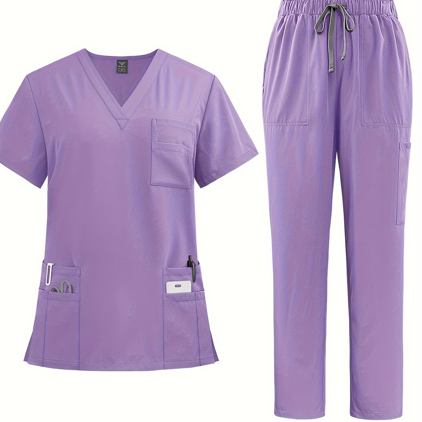 Premium polyester spandex scrubs set with V-neck shirt and straight-leg pants for nurses and surgeons.