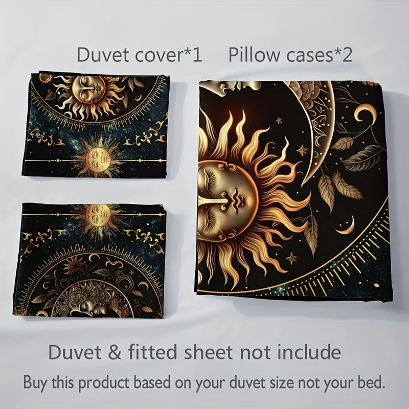 Golden Astrological Design 3 Piece Sun and Moon Celestial Digital Print Duvet Cover Set made of 100% Polyester. Machine Washable, Breathable Fabric for All-Season Comfort. Set includes 1 Duvet Cover and 2 Pillowcases (No Insert). Perfect Christmas