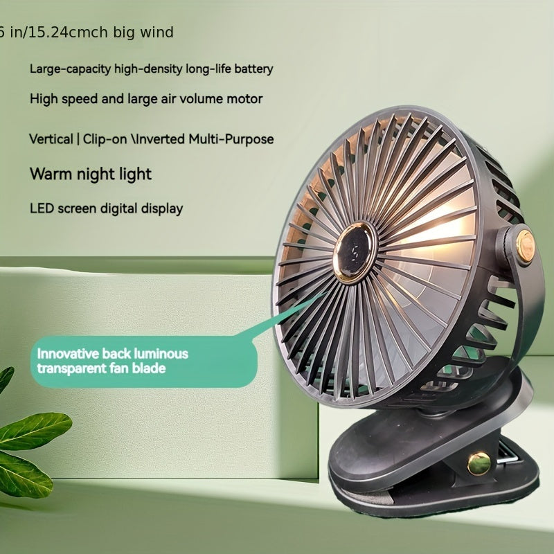 Ideal for students and office workers, this Portable Clip-on Fan comes with an LED display, USB rechargeable mini desk fan, silent operation, and a 1200mAh battery. Perfect for use at home, in the office, while traveling, or outdoors, this fan makes a