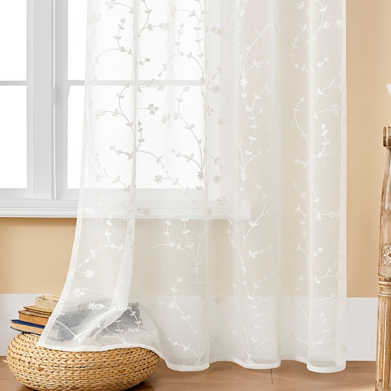 Pair of delicate, transparent gauze curtains adorned with small floral embroidery. These lightweight curtains are heat-insulating and breathable, making them perfect for use in living rooms, bedrooms, restaurants, hotels, or outdoor weddings. Ideal for