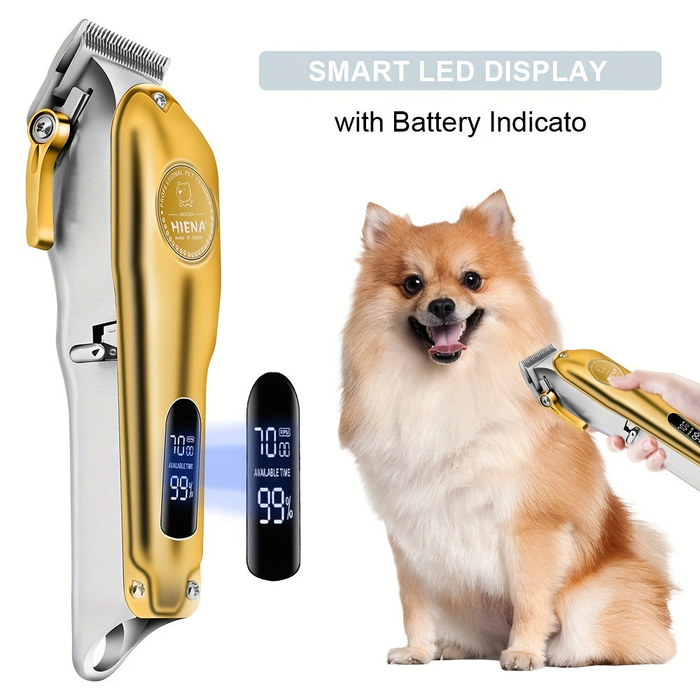 High-quality, rechargeable, cordless dog clipper with LED display screen, suitable for large dogs, low noise.