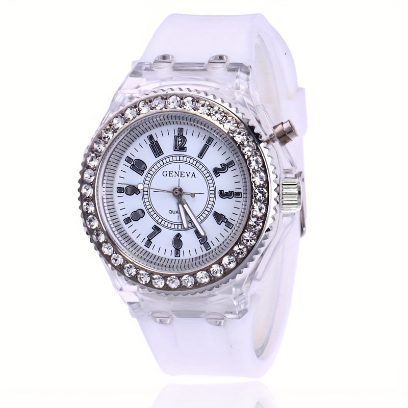 Luminous Rhinestone Full Edge Dial Watch with Silicone Quartz for Boys and Girls, Great for School Supplies and Gifts.