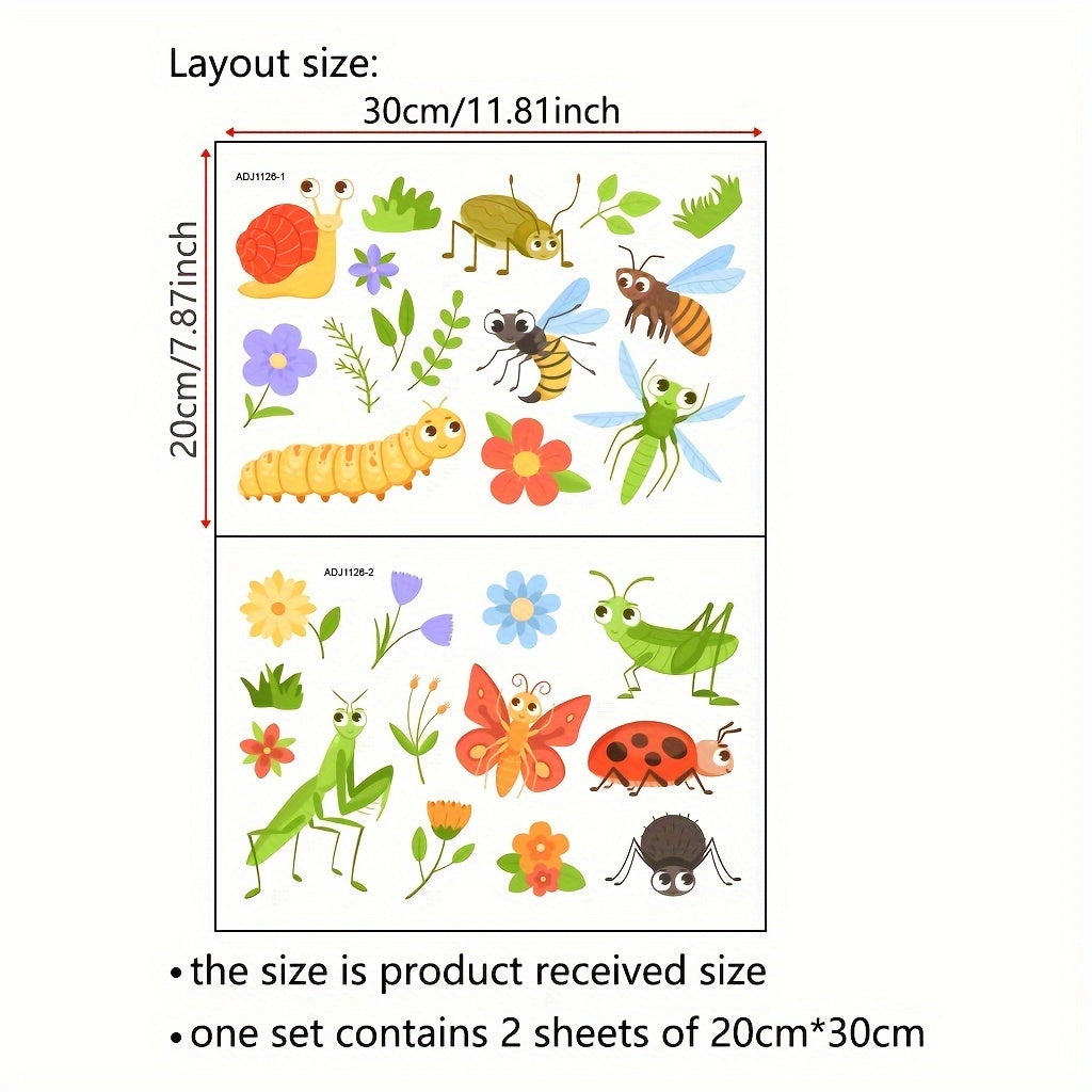 Two static electricity glass stickers featuring cartoon insects and flowers with intricate detailing. These decorative stickers are detachable and designed for glass windows measuring 29.97cm x 20.07cm.