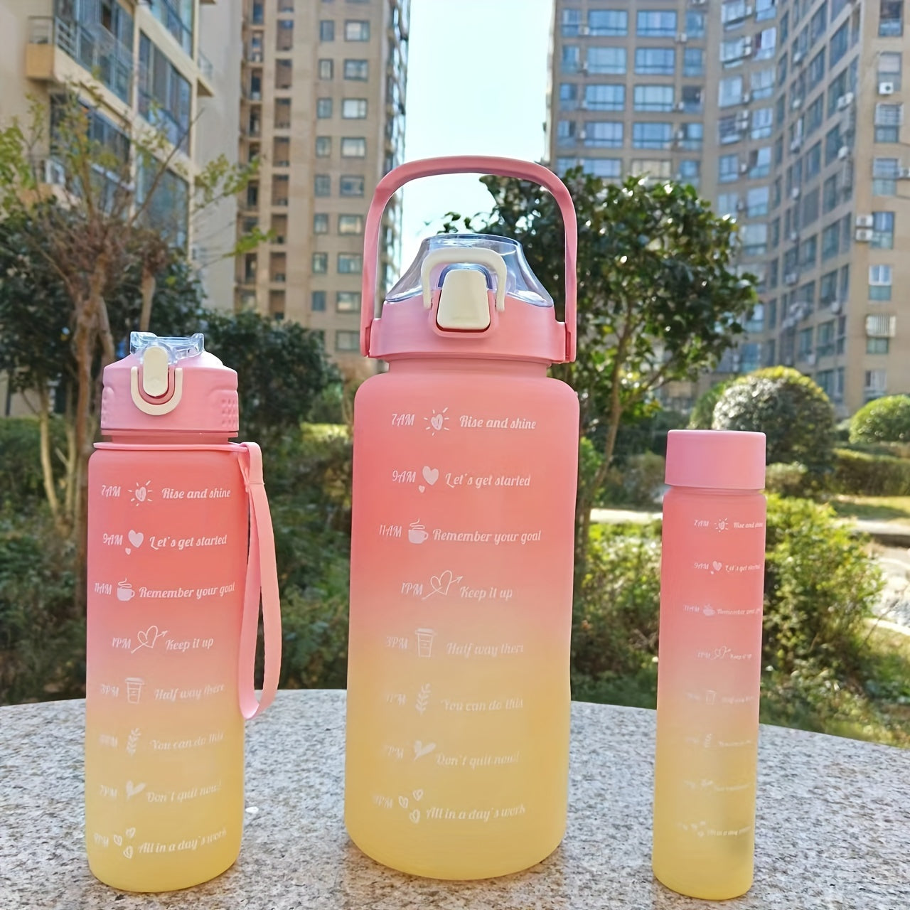 Motivational water bottle set with three sizes (300ml, 700ml, 2L) for sports and outdoor activities. Great for camping, hiking, and fitness. Perfect for summer and also makes a great birthday gift.