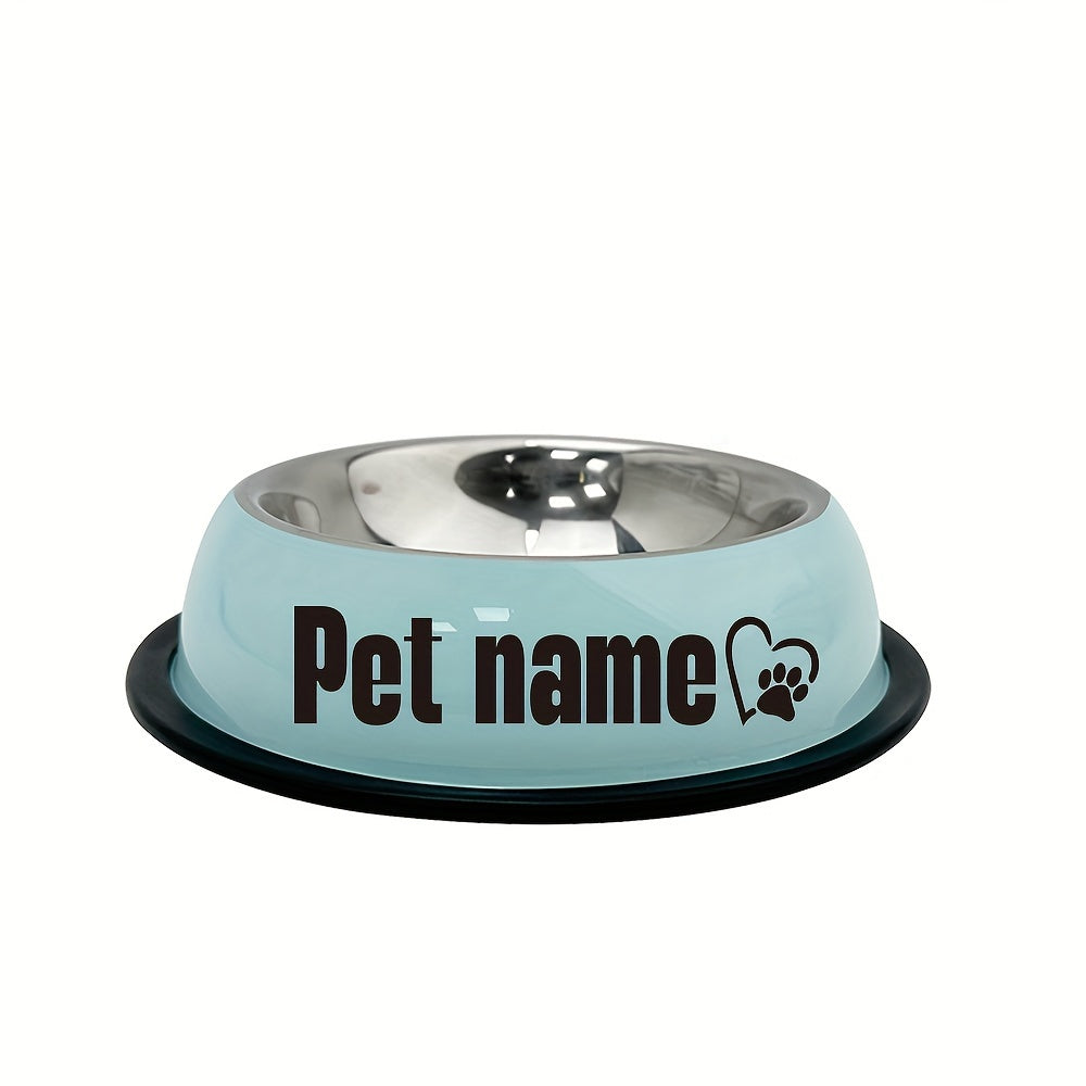 Custom stainless steel dog bowl with non-slip base for small, medium, and large dogs. Personalize with pet's name for food and water.