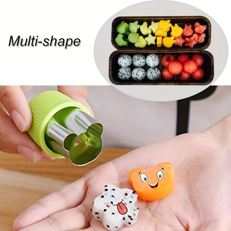 Set of 9 mini vegetable cutter shapes made of stainless steel, perfect for young bakers to use as fruit and cookie stamps. Great for baking, pastry making, and food decorating.