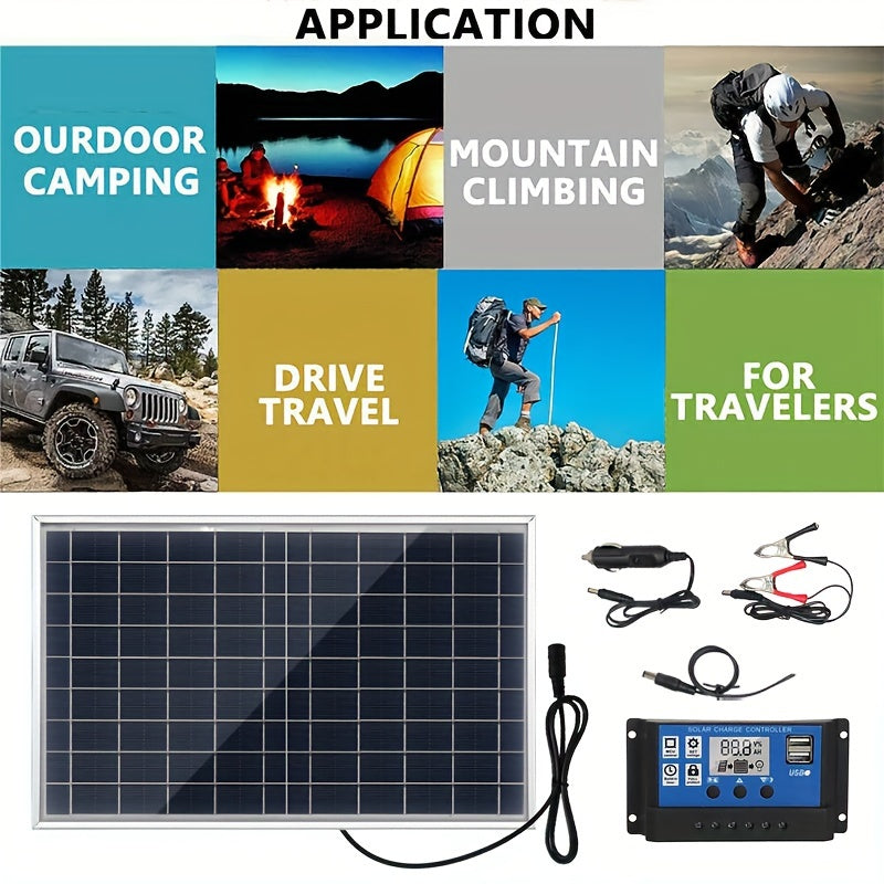 Portable solar charging kit with 18V DC interface, 60A/80A/100A controller & USB - perfect for power banks, camping, hiking, vehicles, boats, phones, street lights, pet beds and more.