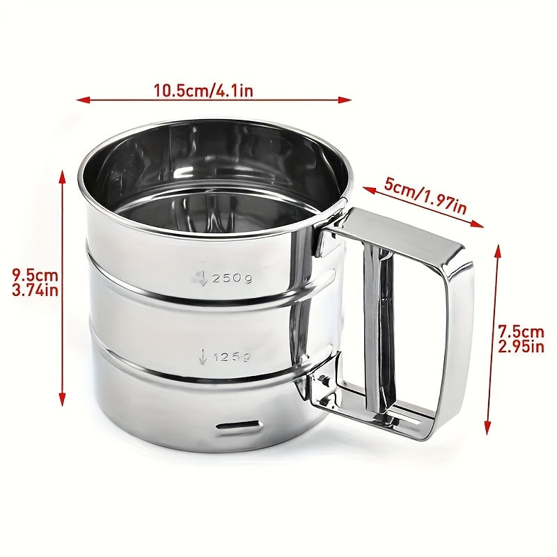 304 stainless steel flour sifter with double layer fine mesh for cooking and baking at home.