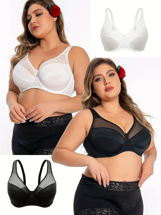 Two Plus Size Elegant Bras for Women, Contrast Mesh Full Cover with Underwire, Non Padded.