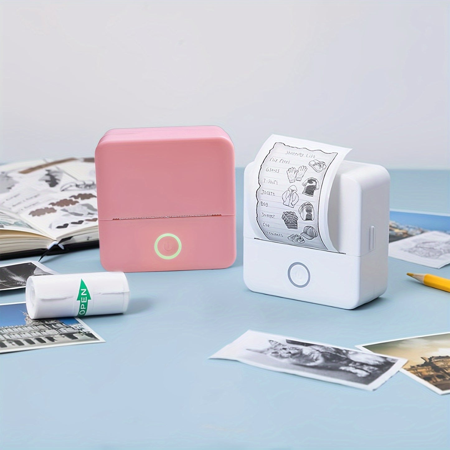 Mini portable thermal wireless pocket printer with a variety of self-adhesive sticker rolls for printing pictures, photos, labels, text, and more.