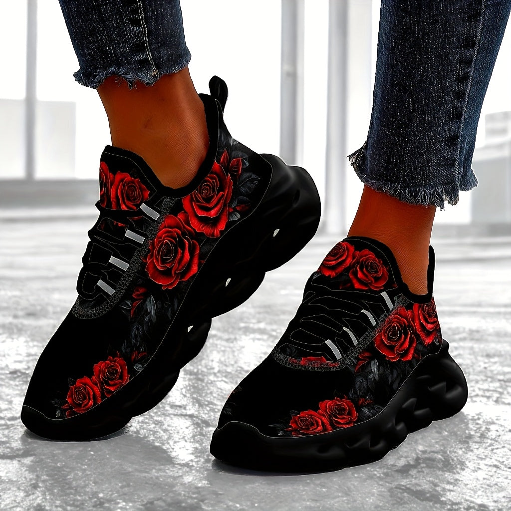 Plus size black rose sneakers with lightweight, cushioned support, breathable fabric lining, and stylish red rose design. Comfortable for all seasons.