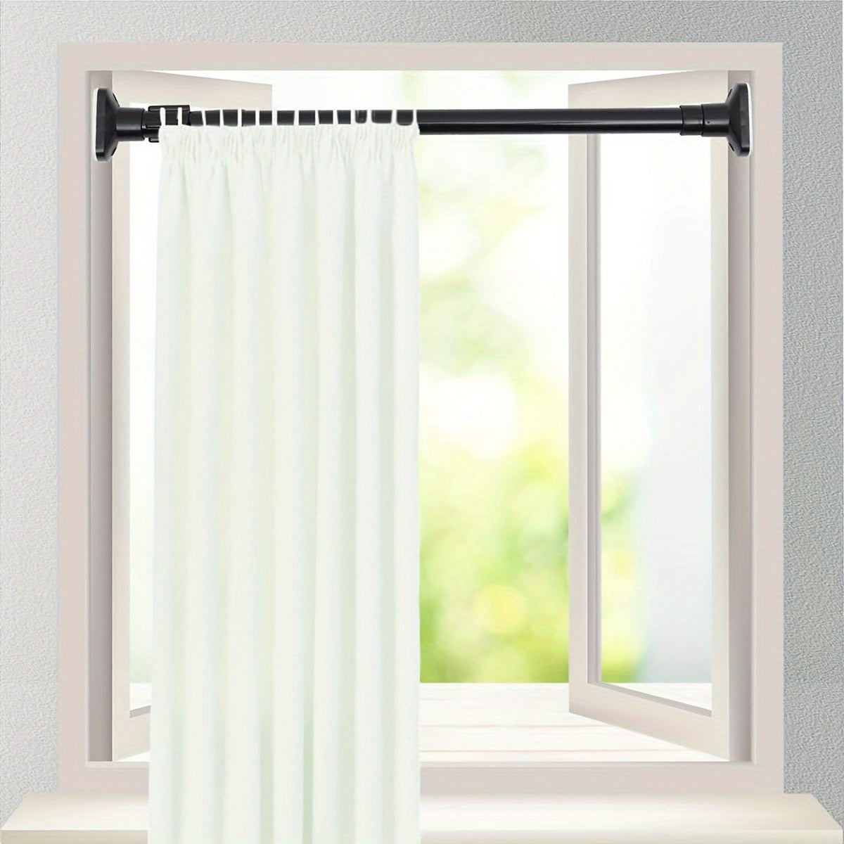 Adjustable tension curtain rod for shower, closet, window, and door. Easy installation with no drilling necessary. Great for hanging curtains, clothes, and towels.