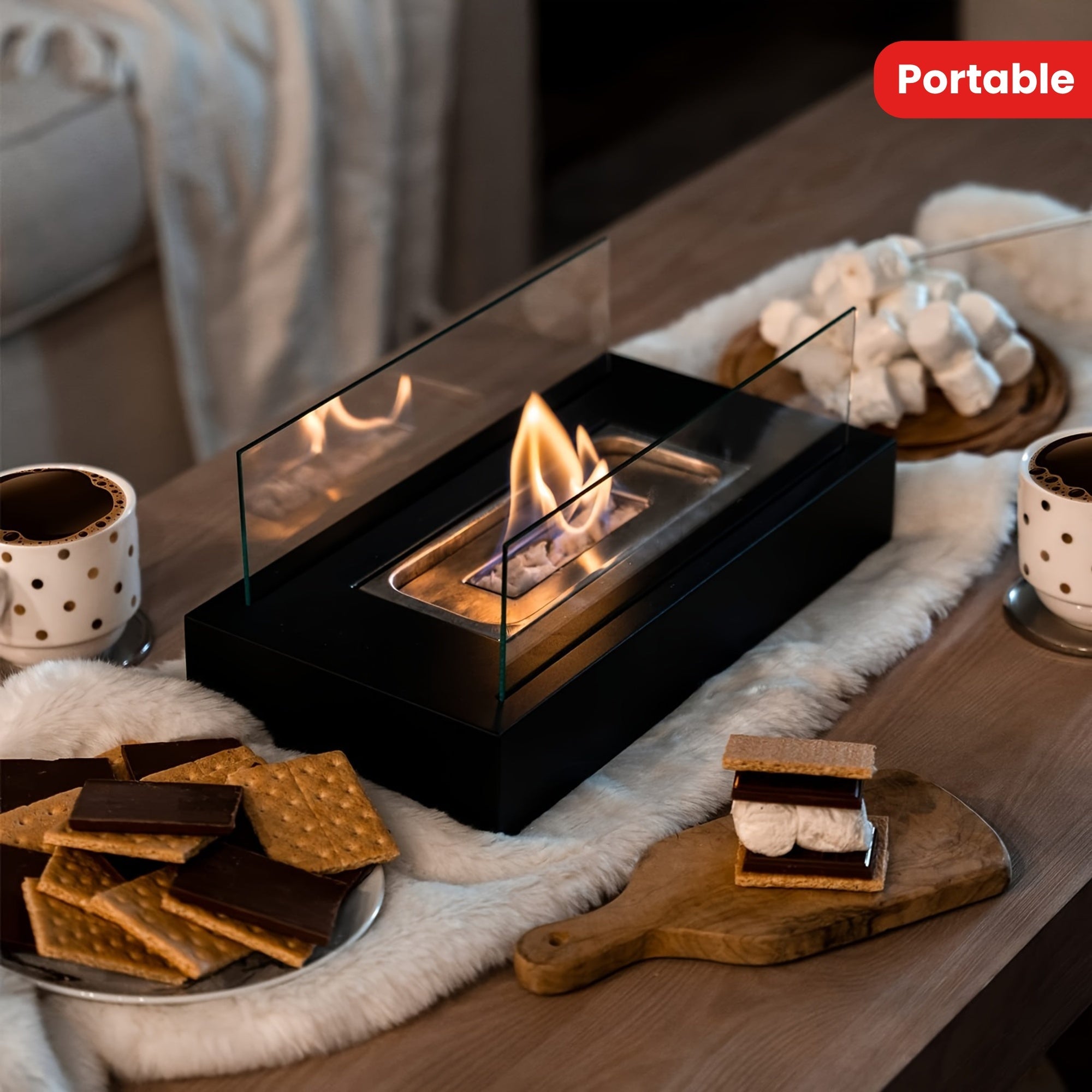 One piece of a Tabletop Fire Pit that is portable and can be used with alcohol. This Bioethanol Tabletop Fireplace is perfect for outdoor camping and has a rectangular shape. It provides a clean burning real flame and is a convenient household gadget.