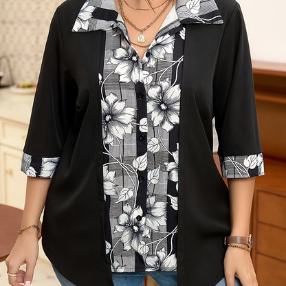 Plus Size Floral Patchwork Shirt with Button Front, 3/4 Sleeve for Spring & Fall. Women's Plus Size Clothing.