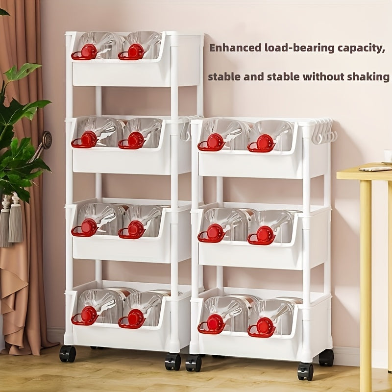 Versatile White Plastic Organizer Rack with Wheels - No Assembly Required! Perfect for Kitchen, Bathroom, and Home Storage - Ideal for Books, Snacks, and Household Items