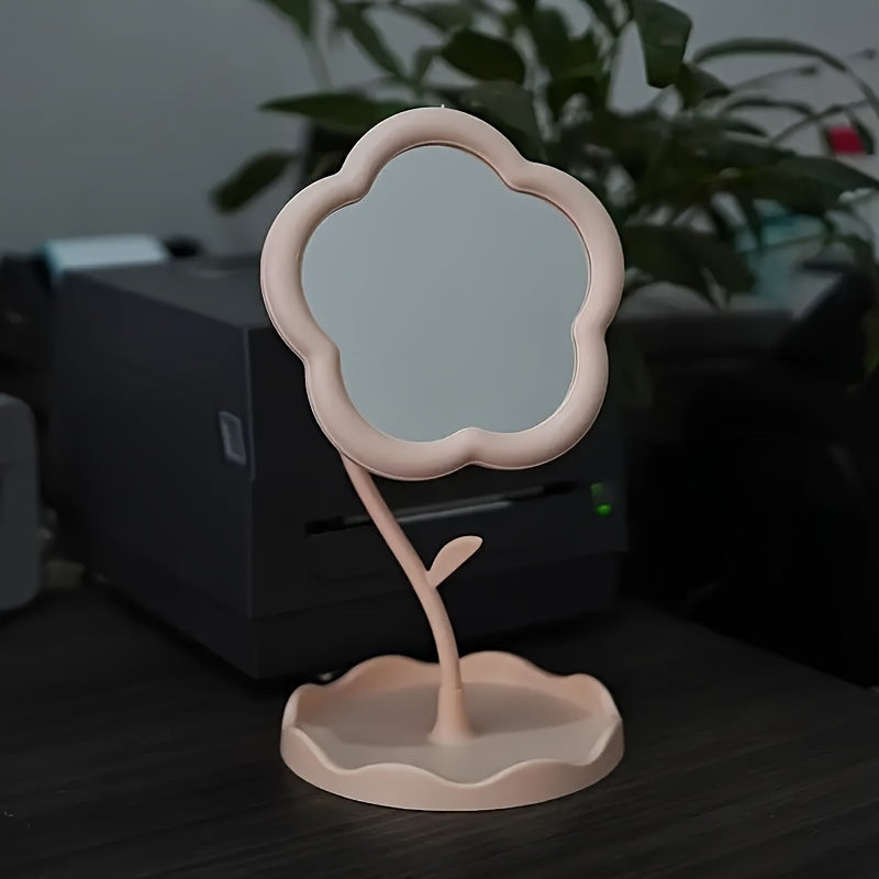 Boxed trumpet cosmetic mirror with flower design, high-definition glass, adjustable bracket, ideal for dressing tables. Perfect for beauty enthusiasts, room décor, and dressing table installation. Plastic frame.