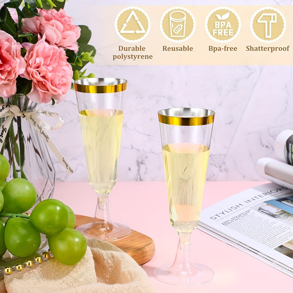 25 pieces of elegant champagne flutes with golden rims made of clear disposable plastic, perfect for weddings, parties, and celebrations. These recyclable glasses are ideal for toasting and cocktails. Impress your guests with these crystal look champagne