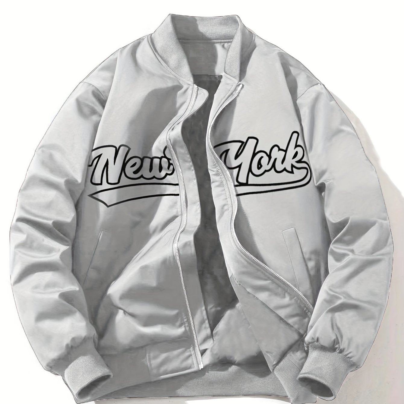 One Men's Casual Bomber Jacket made of 100% lightweight polyester with letter print, baseball collar, long sleeves, regular fit, pockets, and zippered front - suitable for daily and leisure