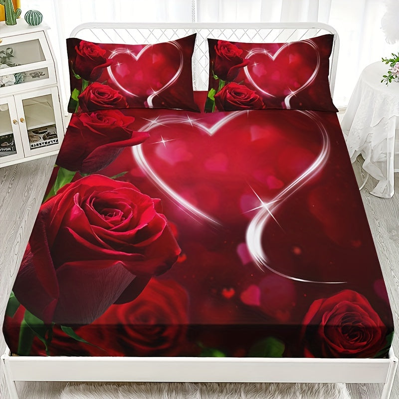 Set the mood with the 3-piece Romantic Rose Love Print Fitted Sheet Set. This soft, comfortable, and breathable bedding set includes a fitted sheet and two pillowcases, perfect for your bedroom or guest room. (Core not included)