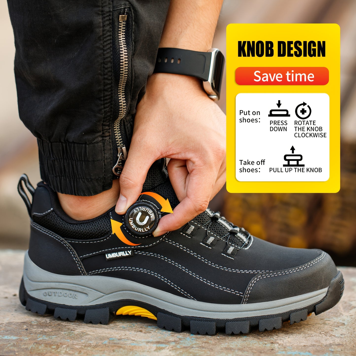 Breathable low top work shoes with rotary buckle, steel toe, and protective design for all seasons outdoor work. Anti-smashing.