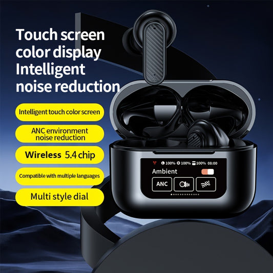 Wireless headphones with LCD touch screen, active noise reduction, sleep mode, music and video control, and rechargeable feature.