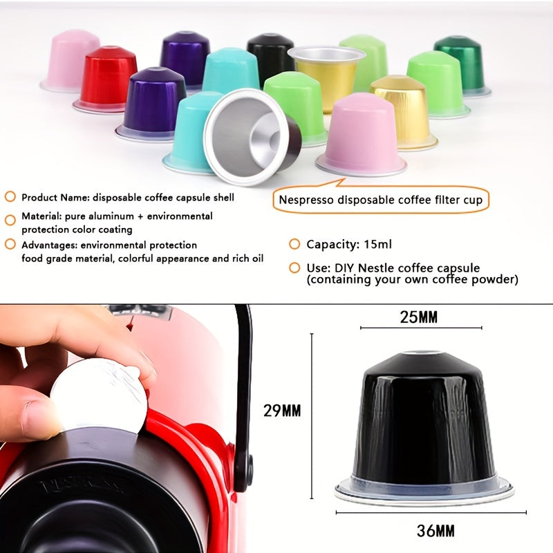 30 out of 100 disposable coffee capsules, each filled with espresso, sealed with a rubber ring and sealing sticker, reusable with aluminum film and cups.