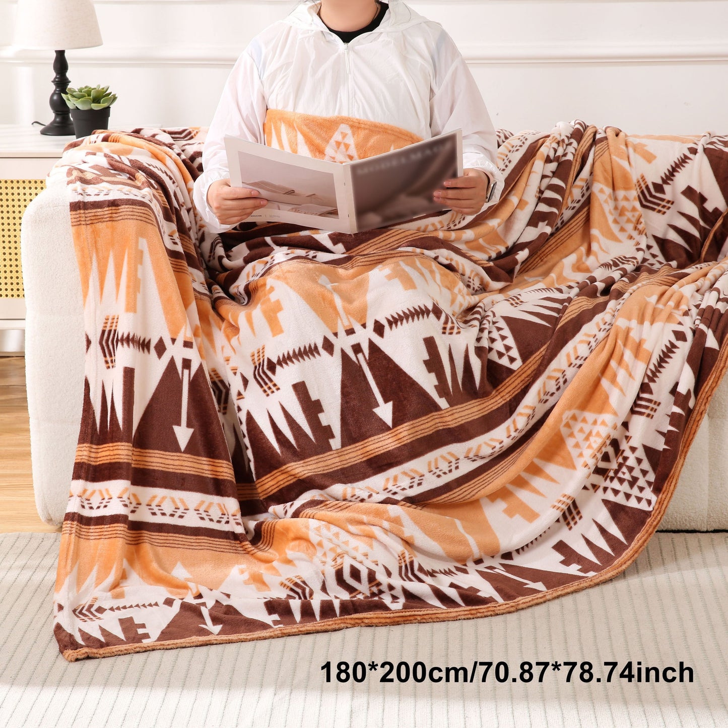 Southwest Native American Flannel Polyester Throw with Double-Sided Aztec Geometry Pattern Travel Couch Bed Blanket that is Plush, Soft, Lightweight, and Suitable for All Seasons