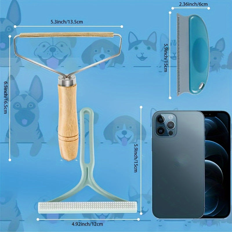 3-piece portable reusable professional pet hair remover set for cats and dogs.