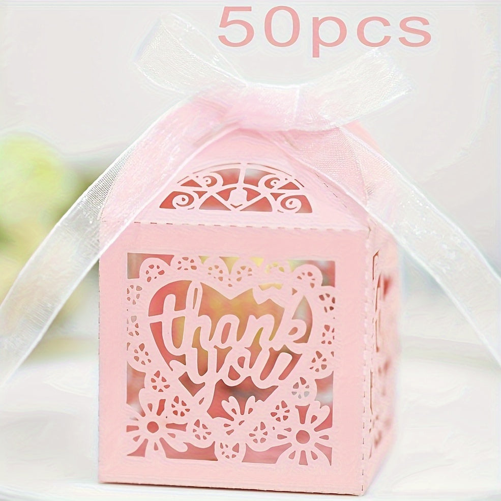 Set of 50 Pink Floral Letter Candy Boxes with Ribbons - Elegant Laser-Cut Chocolate Gift Boxes Perfect for Weddings, Birthdays, and Bridal Showers. Ideal Wedding Candy Box or Double Letter Gift for the Bride