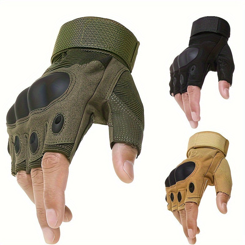 Half-finger gloves with breathable fabric, hard carbon knuckle, and hook-and-loop closure - perfect for outdoor activities.