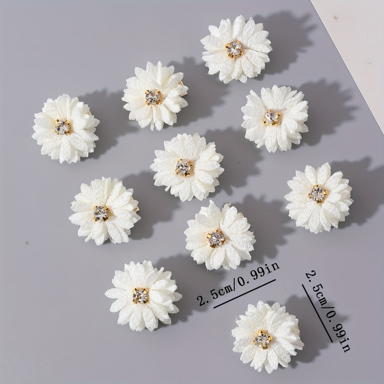 A set of 10 Chinese-style hair clips with fabric flowers and rhinestone centers in white, perfect for parties and daily wear.