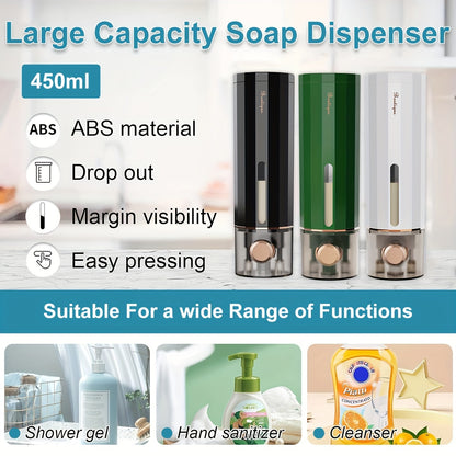 450ML Wall-Mounted Soap Dispenser, No-Drill, Space-Saving Design, Plastic, Lightweight, No Electricity, Shower Accessory