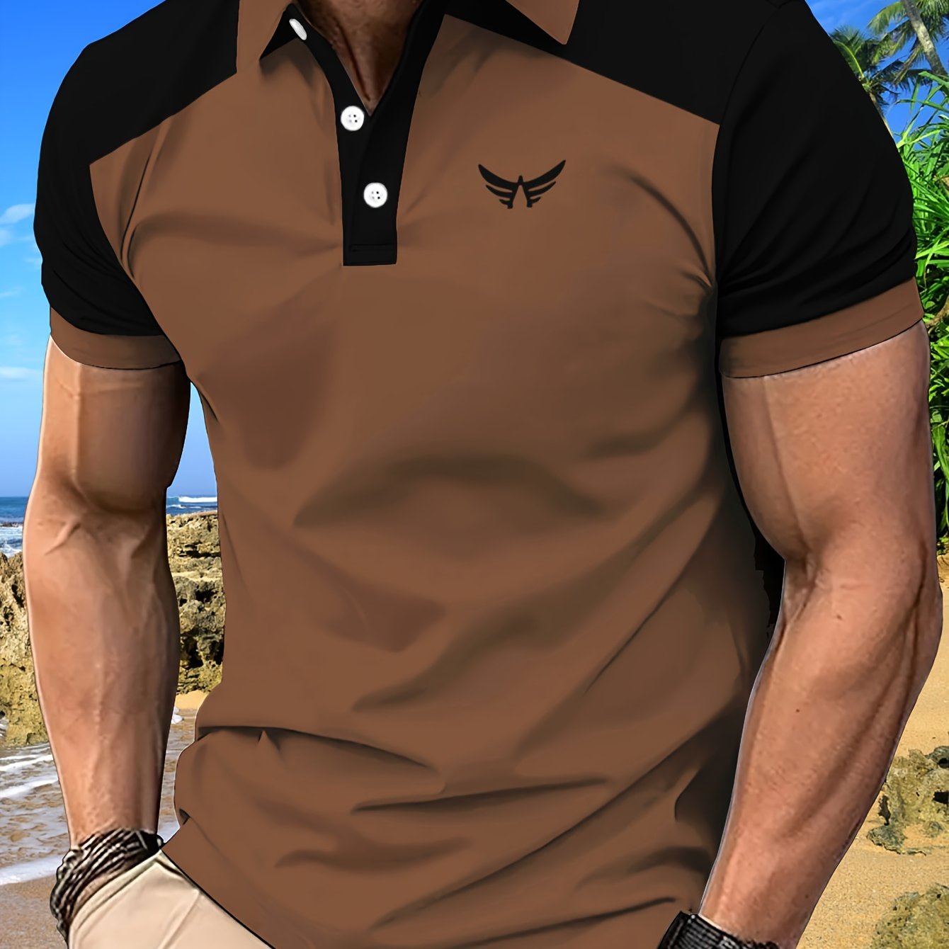 Men's Casual Summer Shirt - Color Block Design, Short Sleeve, Breathable Polyester, Machine Washable