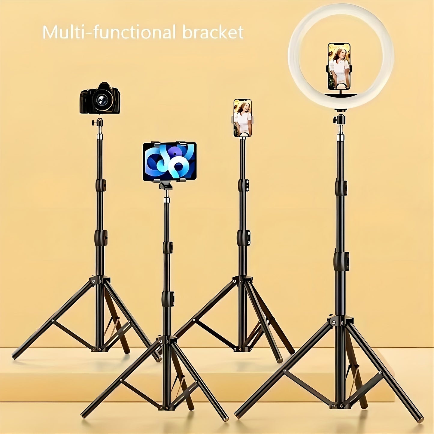 63-inch adjustable tripod stand with multi-functional brackets and black iron mobile phone holder. Sturdy floor design for photography, video calls, and live streaming. Perfect for