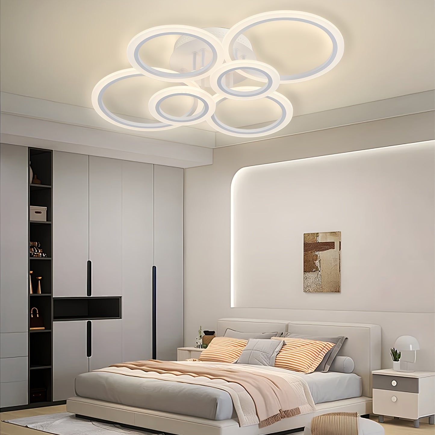 Flush mount 6-head LED ceiling light with remote control, ideal for low ceilings in living rooms, bedrooms, and kitchens.