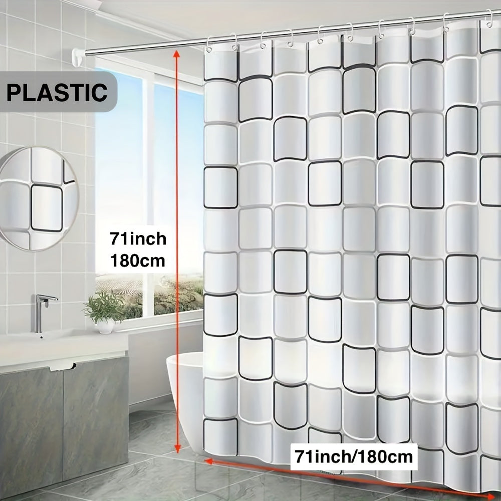 Lightweight plastic shower curtain with hooks and metal grommets, suitable for bathroom and window decoration.