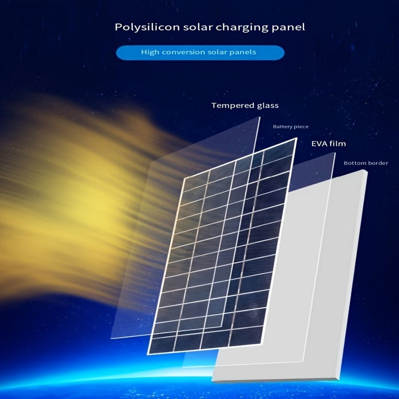 The Solar-Powered charging strip has four USB ports that can charge multiple devices simultaneously with an output of 600-800mA per hour. It includes a standard 5-meter cable.