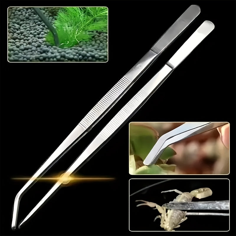 Set of 2 stainless steel tweezers for various uses, no electricity required.