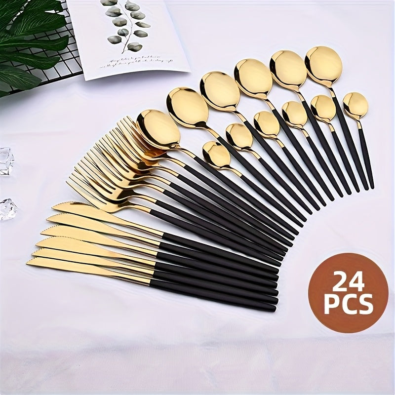 Premium 24-piece stainless steel flatware set with high-temperature resistance, rust-proof, elegant golden finish, and durable cutlery for various occasions.