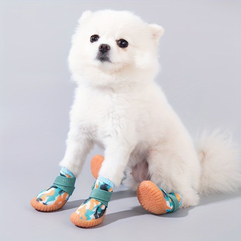 Four pairs of dog shoes suitable for all seasons, breathable, dirt-resistant, non-slip, elastic shoes for small dogs such as Pomeranians and Teddys.