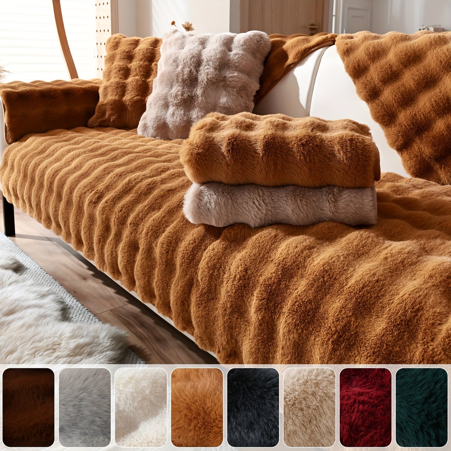 New Bubble Fleece Sofa Cover available in 8 colors with modern design, pet-friendly, and machine washable. Suitable for 2, 3, 4, and combination sofas, with 450-500g fabric weight and long pile fleece. No print, with other craftsmanship included.