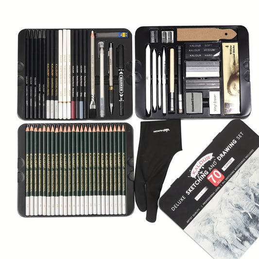 KALOUR 70pcs Luxury Iron Box Sketch Drawing Set for Outdoor Art and Writing.