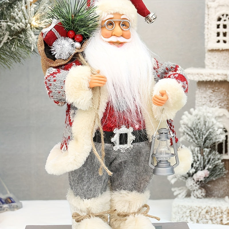 Santa Claus figure decoration with 12-inch height, wearing long fluffy snow boots, perfect for holiday and New Year's decor in homes or businesses.