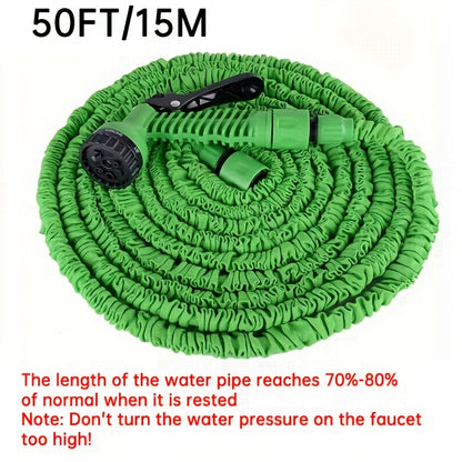 Magic Retractable Garden Hose with High Pressure and Multi-Function capabilities, includes extendable nozzle, rubber material, connectors, cleaning tool, and dust removal. Comes in