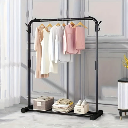 Sturdy Metal Clothes Rack with Built-In Shelf - Standalone, Simple Assembly for Organizing Bedroom & Balcony, Includes Handy Hooks for Versatility