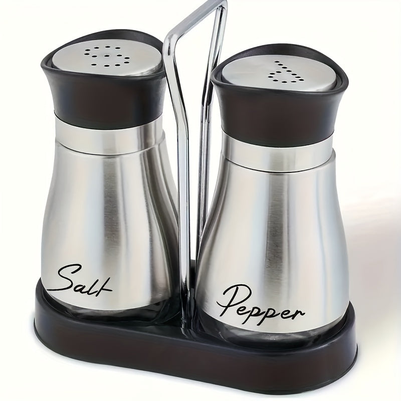 A set of salt and pepper bottle sets with 1 stand and 2 bottles. Glass bottom jars with stable stand, used for kitchen utensils, cooking tables, RVs, camping, barbecues, and seasoning.