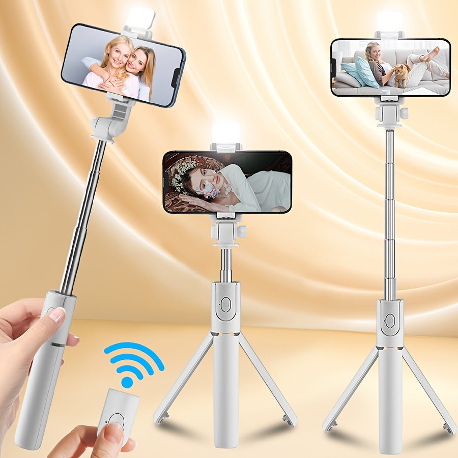 Portable selfie stick tripod with built-in fill light, wireless, anti-shake and 360-degree rotating phone holder for stable and versatile use.