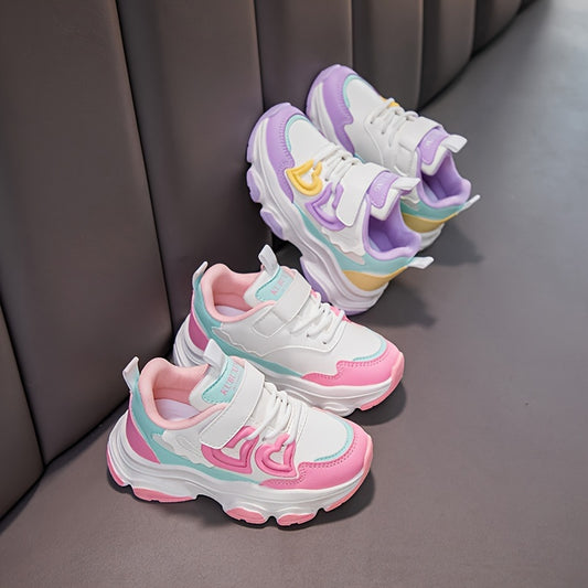 Girls' all-season fashion sneakers with sweet color block design and heart pattern, featuring easy closure, low-top PU upper, and rubber sole in pink and purple options. Perfect for daily