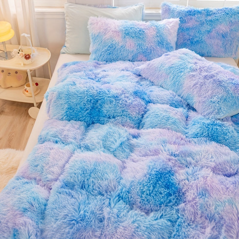 Y2K Tie Dye Plush Duvet Cover Set includes 3 pieces (1 Duvet Cover + 2 Pillowcases), providing soft and warm bedding.